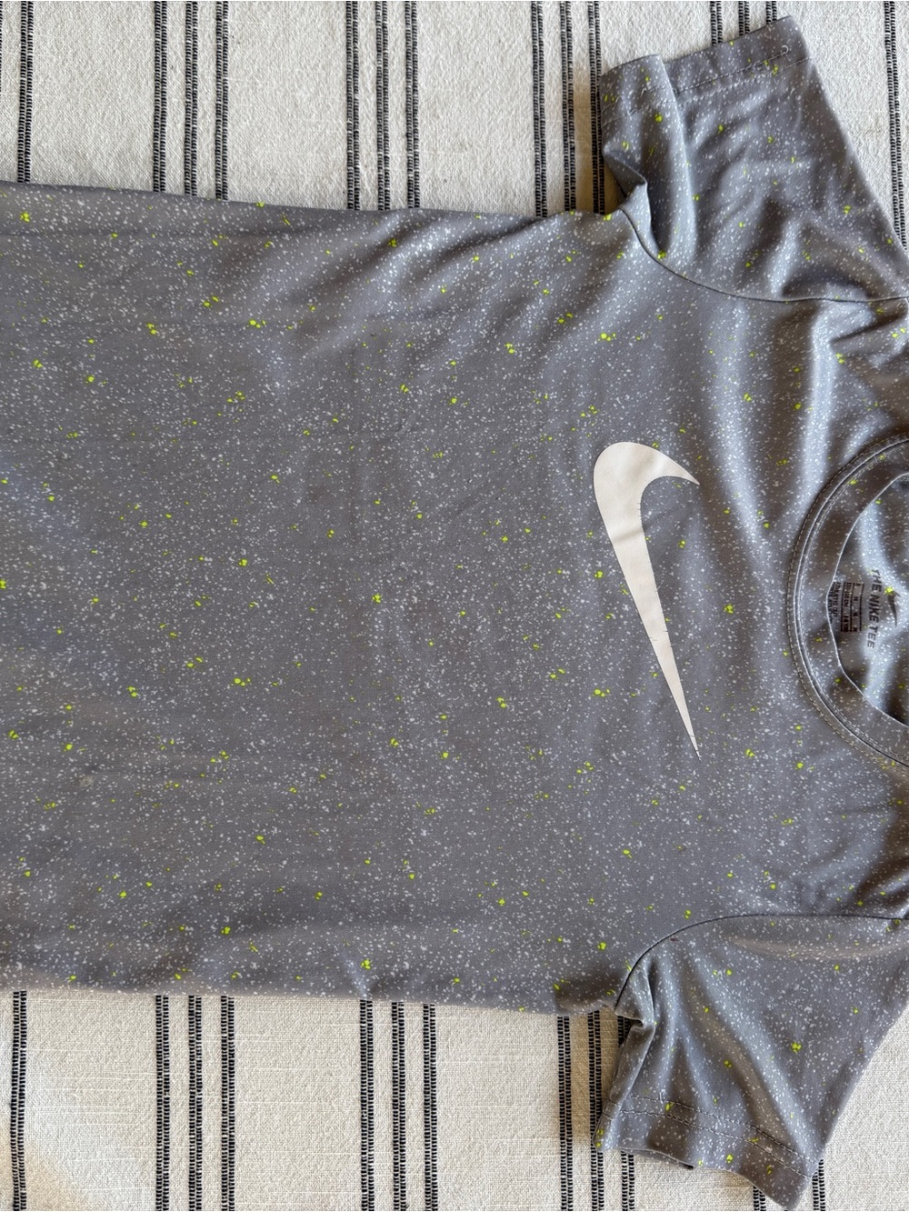 Nike Gray Tee with White Swoosh and Neon Speckle